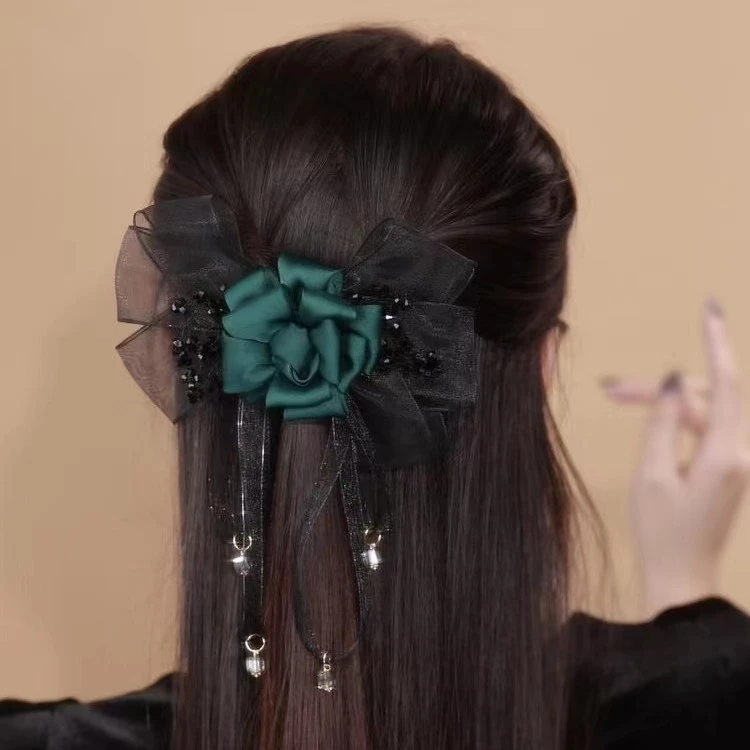 韩版时尚气质优雅布艺网纱玫瑰蝴蝶结抓夹后脑勺发夹头饰发饰