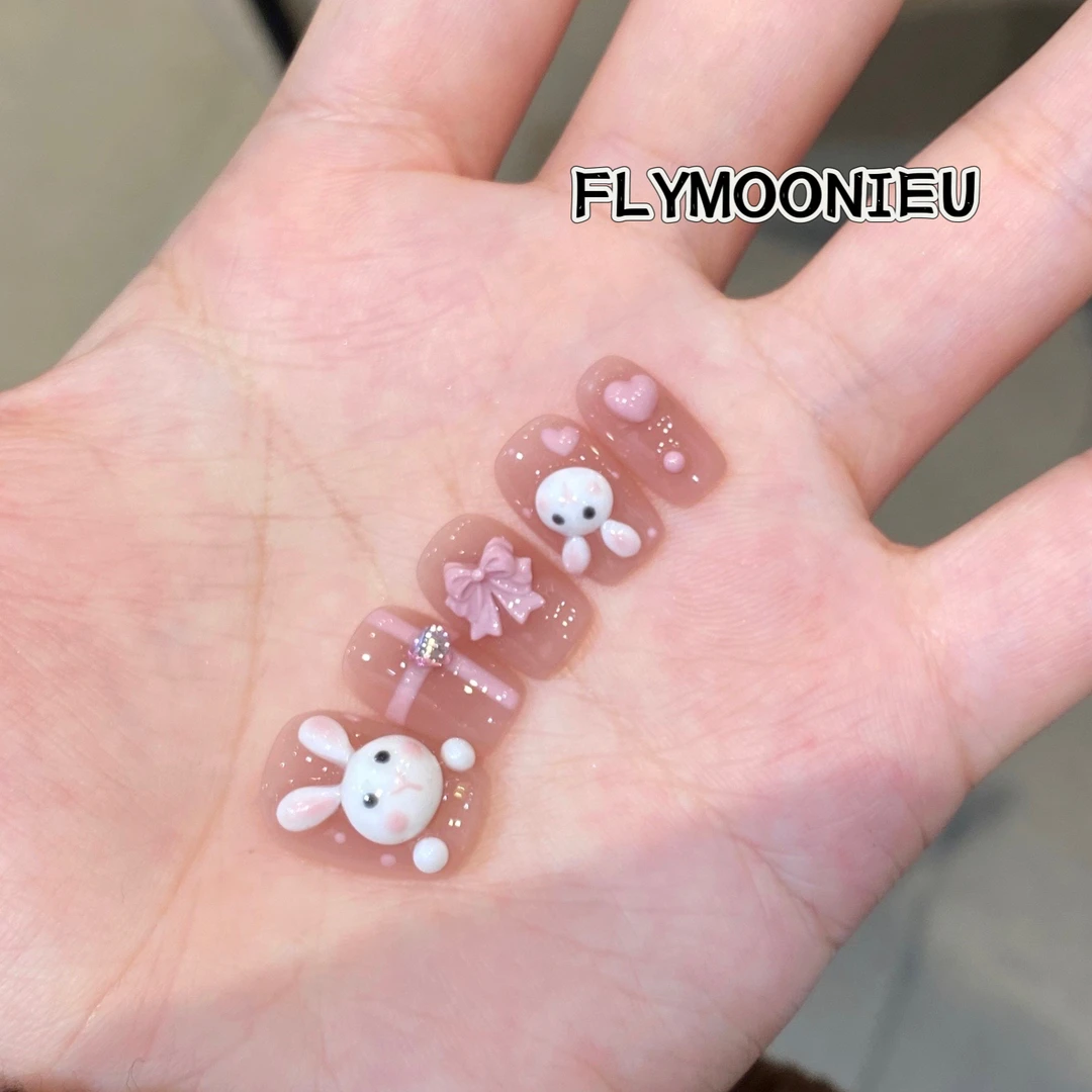前兔无忧 蝶诗舞 设计师 纯手工定制美甲贴片 立体兔子穿戴甲10片
