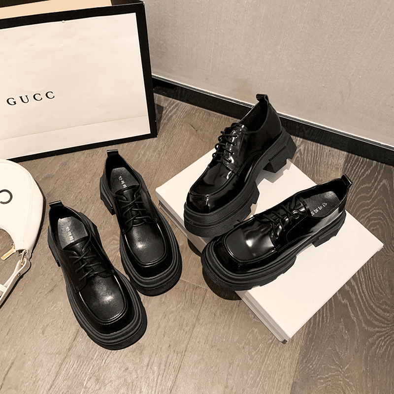 厚底乐福鞋女网红ins系带真皮黑色小皮鞋2023春季英伦风粗跟单鞋