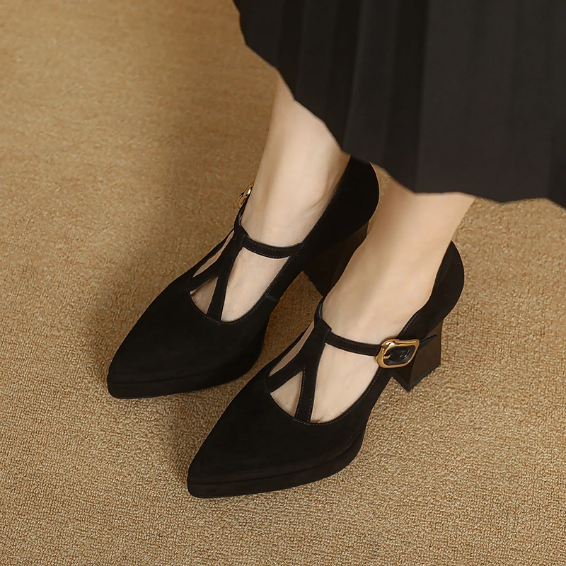 玥小姐~10cm法式复古高跟鞋女粗跟真皮玛丽珍鞋小个子防水台单鞋