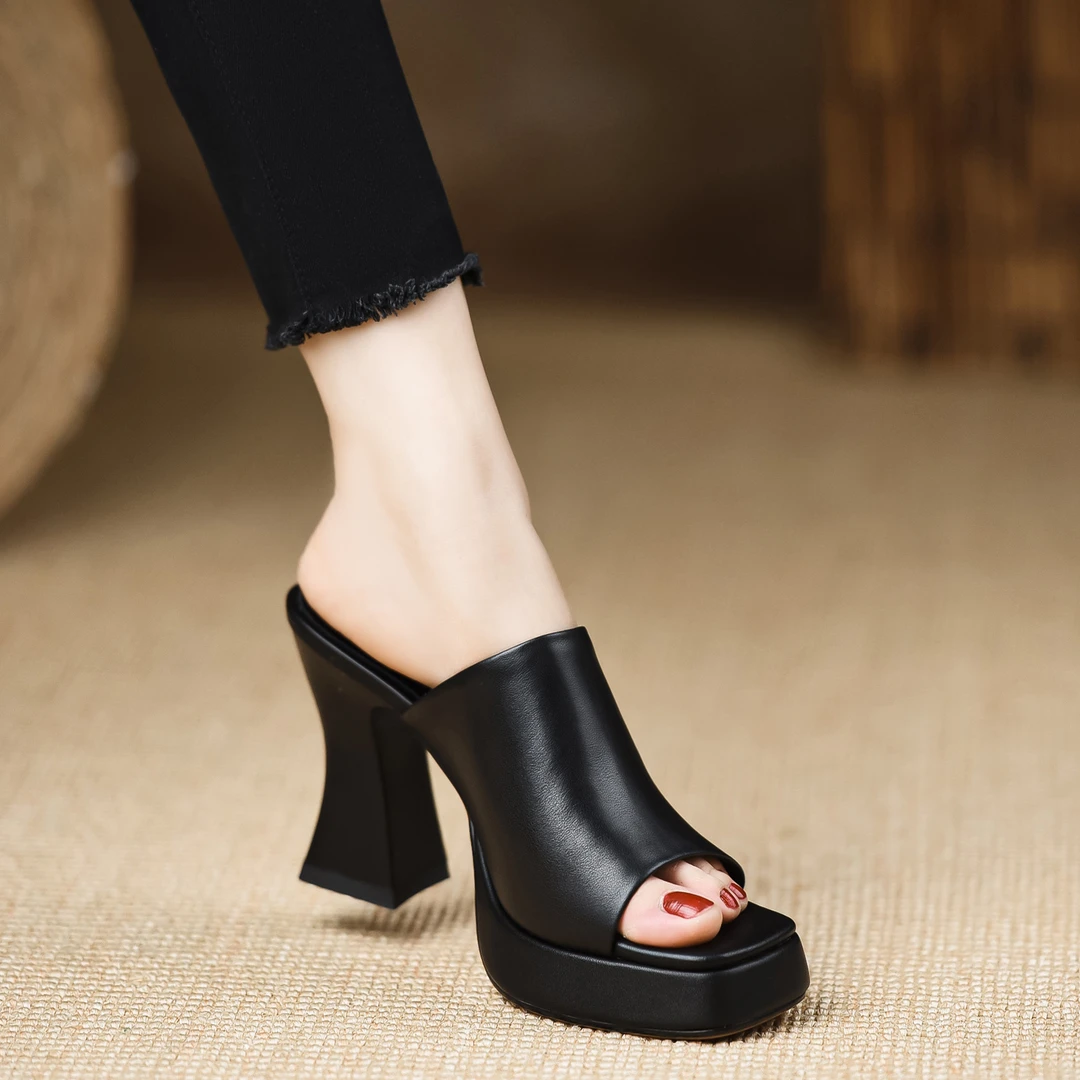 小个子高跟女鞋~9.5cm舒适百搭粗跟牛皮拖鞋外穿防水台一字拖黑色