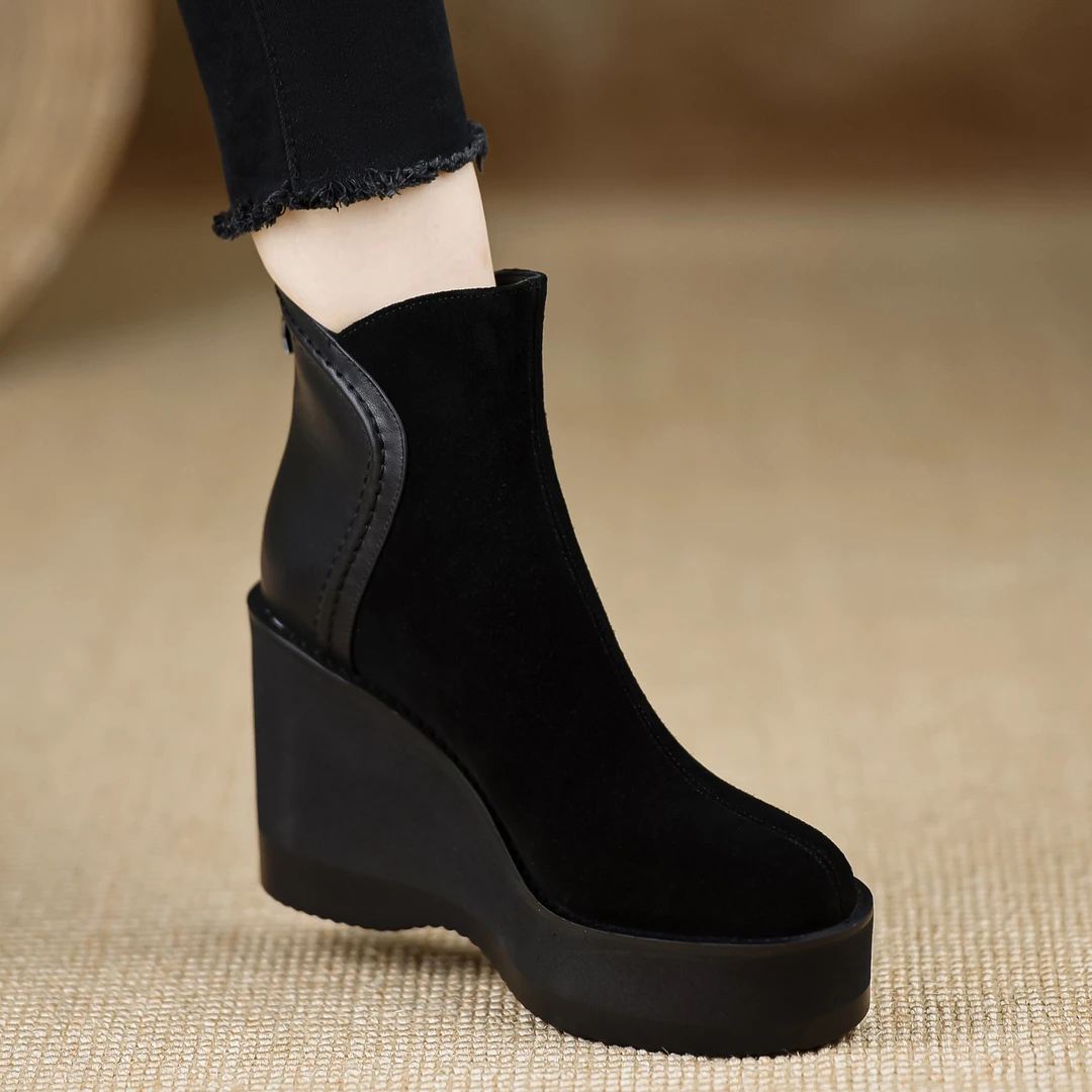 玥小姐手工靴子9cm高跟黑色短筒靴女秋冬加绒厚底马丁靴坡跟单靴