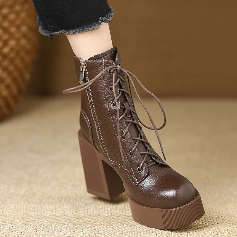 美拉德靴子女10厘米厚底防水台高跟马丁靴头层软羊皮圆头粗跟短靴