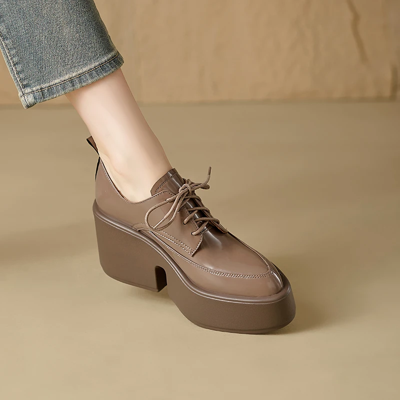 玥小姐手工女鞋8.5cm英伦风系带小皮鞋厚底高跟鞋女坡跟深口单鞋