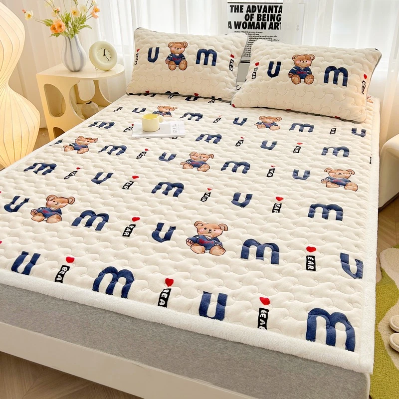 A类牛奶绒夹棉床护垫床褥垫 加厚印花家用宿舍榻榻米软床垫三件套