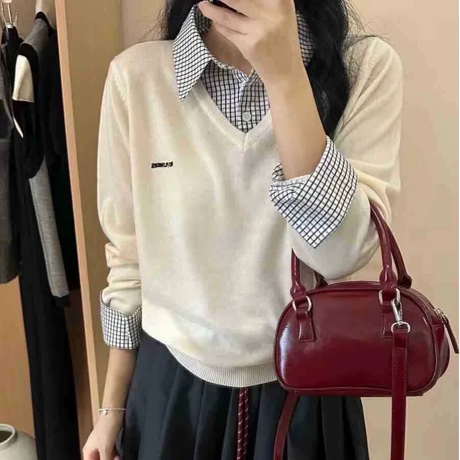 韩系简约格子衬衫拼接长袖假两件毛衣宽松减龄针织衫女开衫外套