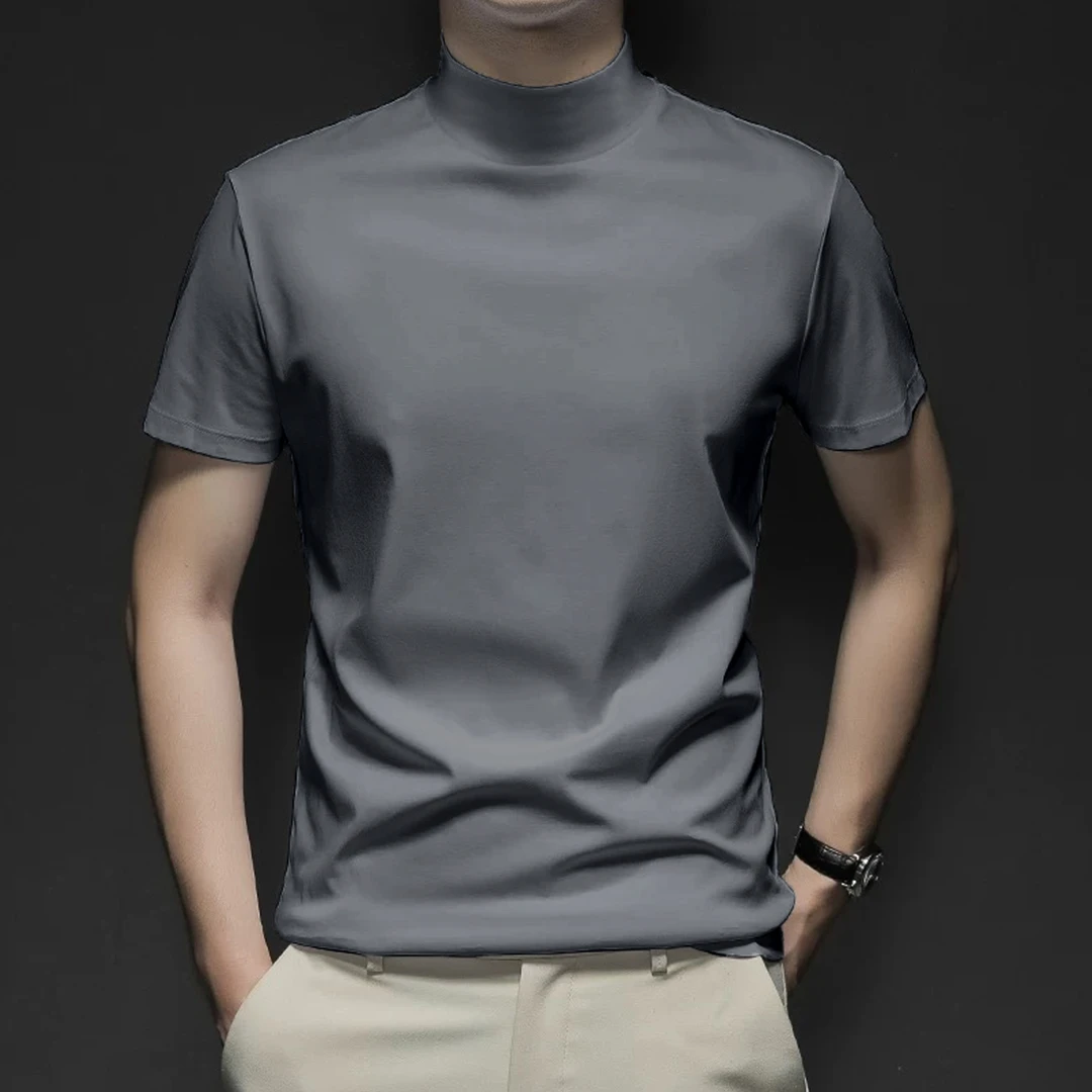 液氨丝光棉半高领短袖t恤男士轻奢纯棉纯色中领半袖修身弹力体恤