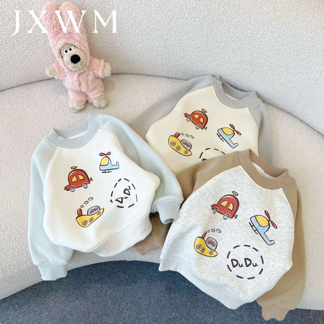 2024秋季新款韩版儿童卡通女童男童印花长袖加绒套头卫衣圆领