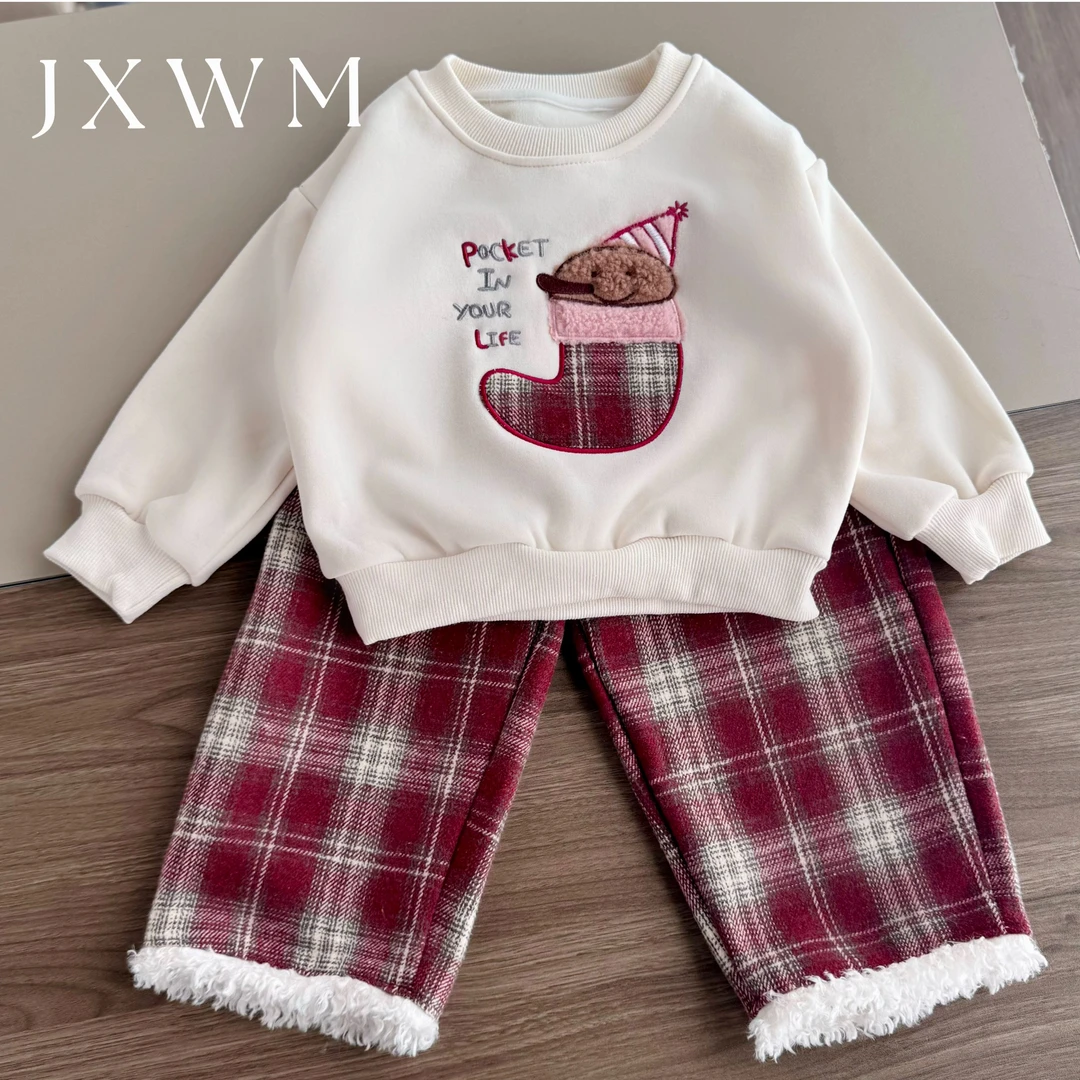 2024秋季新款韩版休闲加绒秋冬洋气儿童时尚加厚圣诞格子套装