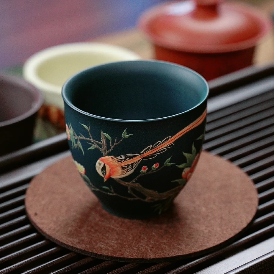 7022  原矿紫砂茶具  苏门答腊青堆绘小鸟主人杯  FSY 180cc左右