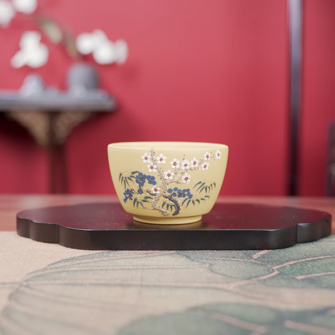 6008  原矿紫砂茶具  黄金段泥堆绘梅花主人杯  JXSZ  200cc左右
