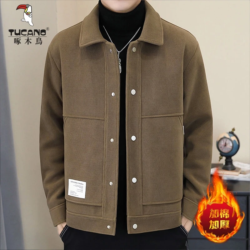 啄木鸟男士冬外套爆款加棉加厚短款毛呢大衣保暖冬装休闲呢子夹克