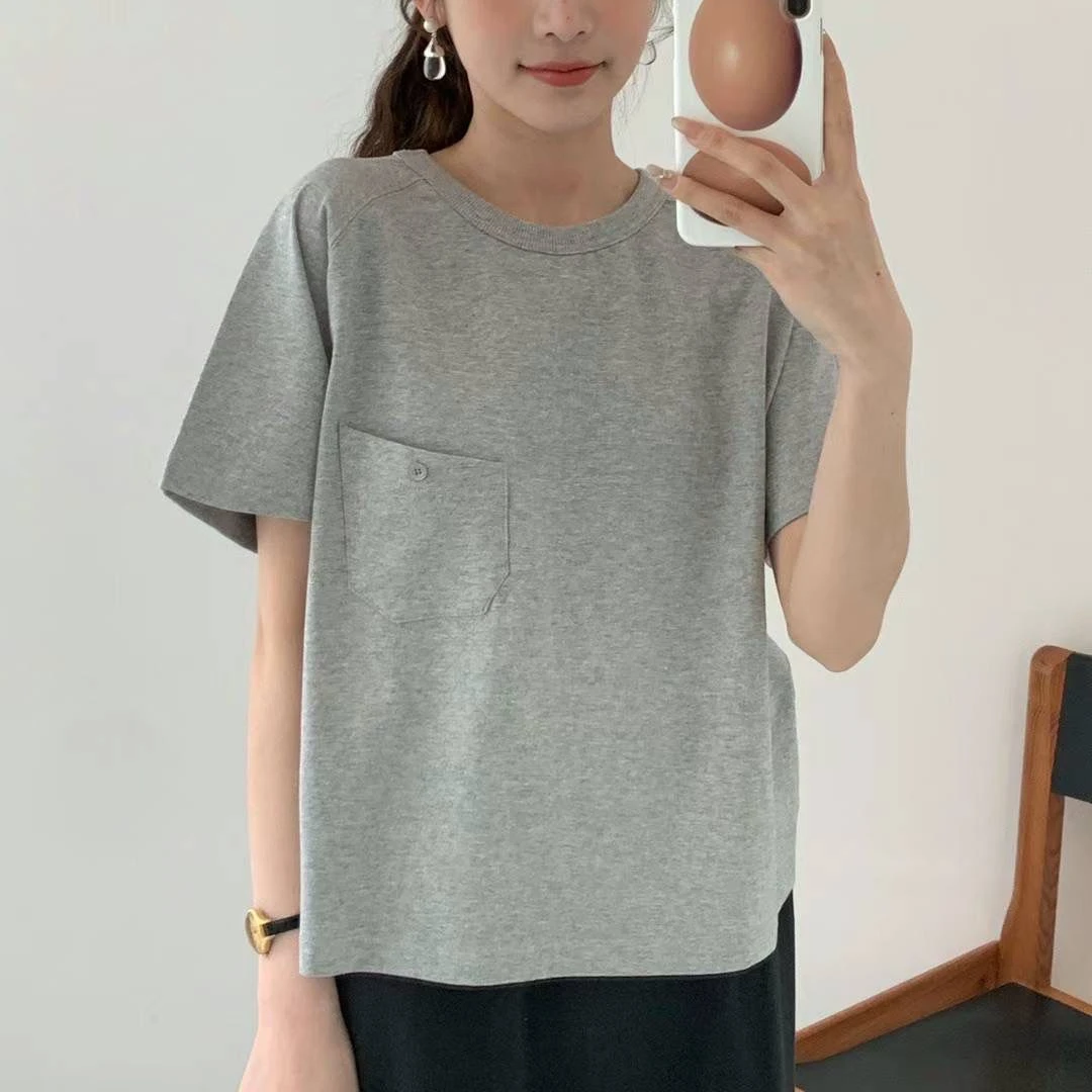 东大门egg鸡蛋家净版纯色口袋T恤舒适百搭女上衣（no退换）