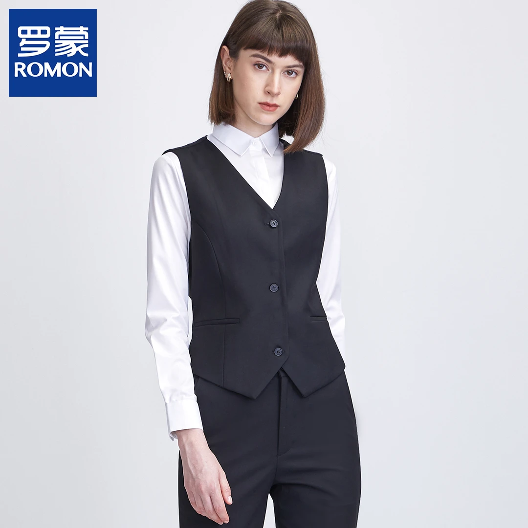 罗蒙秋冬西装马甲女V领背心休闲百搭时尚黑色马夹职业正装