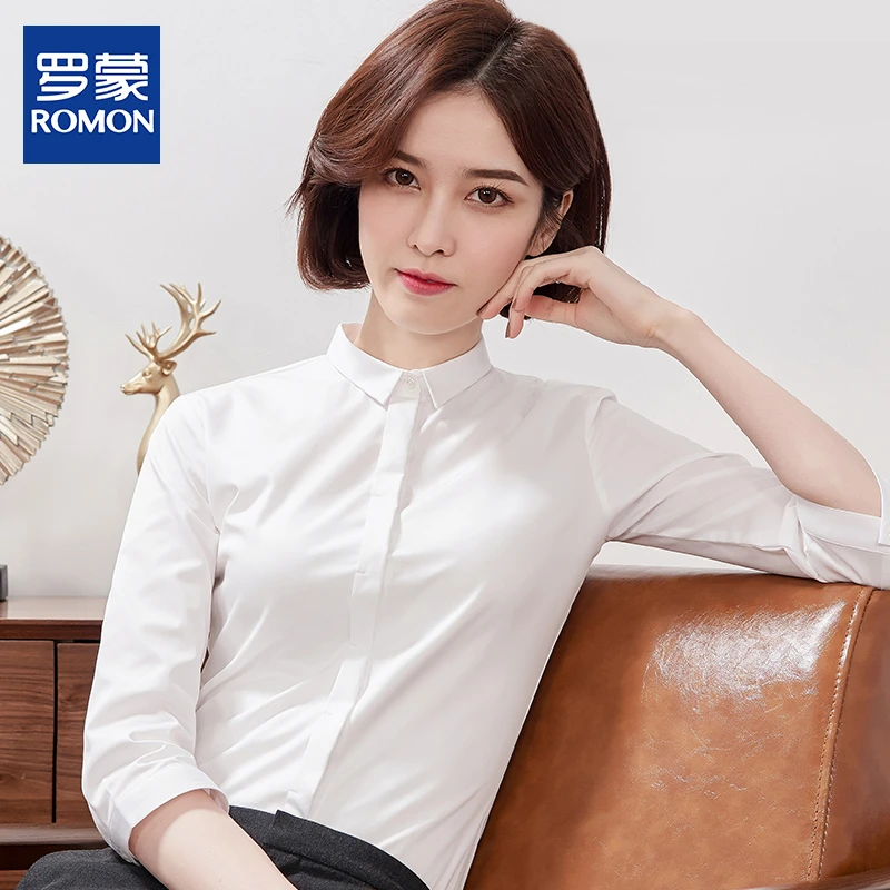 罗蒙中袖白衬衫女夏季七分袖工作服职业商务正装上衣面试半袖免烫