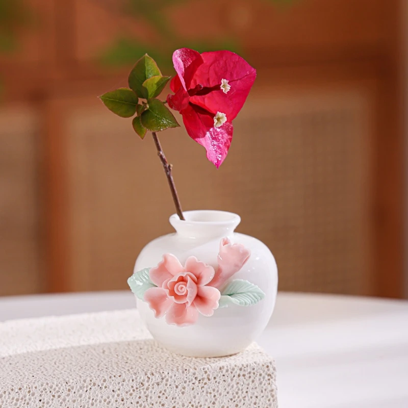 陶瓷手工捏花牡丹花小圆瓶水缸器型茶台摆件花器精致摆件
