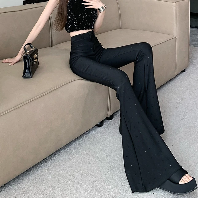 黑色设计感烫钻亮闪闪大喇叭裤女秋冬新款高腰修身弹力提臀西装裤
