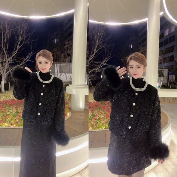 【ZJING】2024冬季新款轻奢显瘦高级轻奢亮线加棉小香风两件套