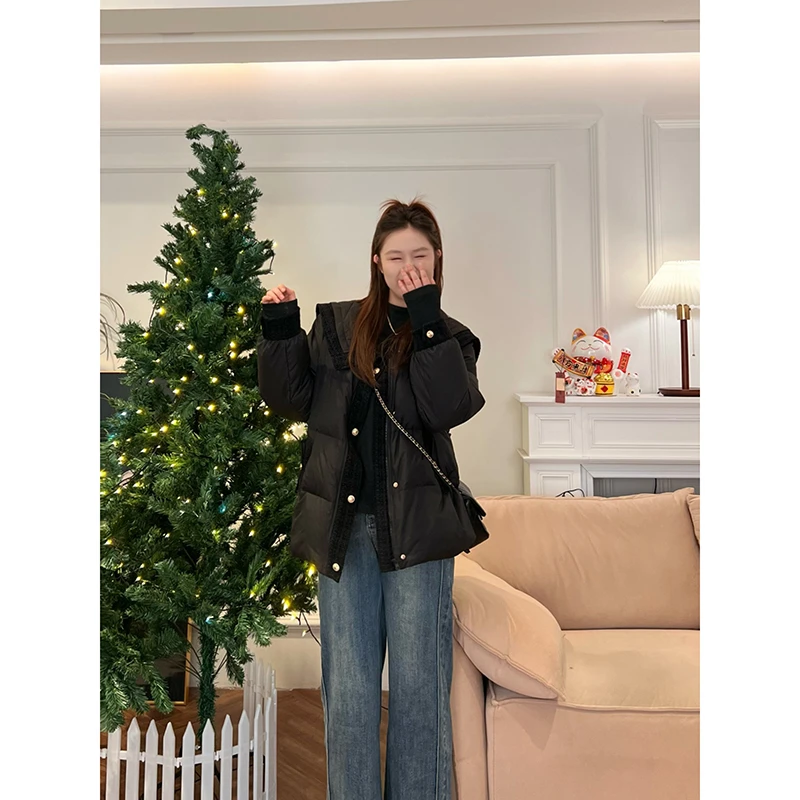 楠序源子微胖女装 时尚海军领白鸭绒小香风保暖羽绒服女YZ33033