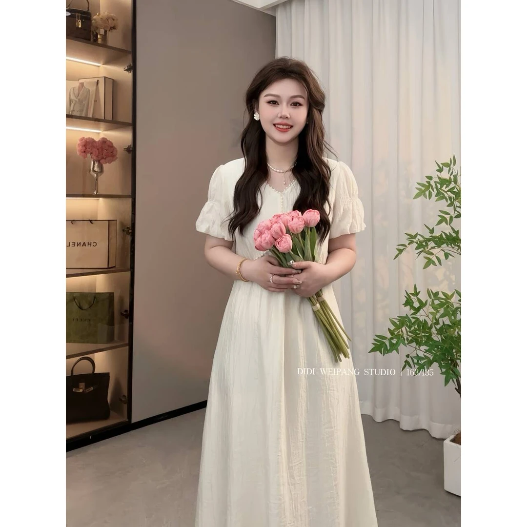 楠序迪迪大码女装夏季显瘦超显瘦V领宽松连衣裙女长款裙子DD8061