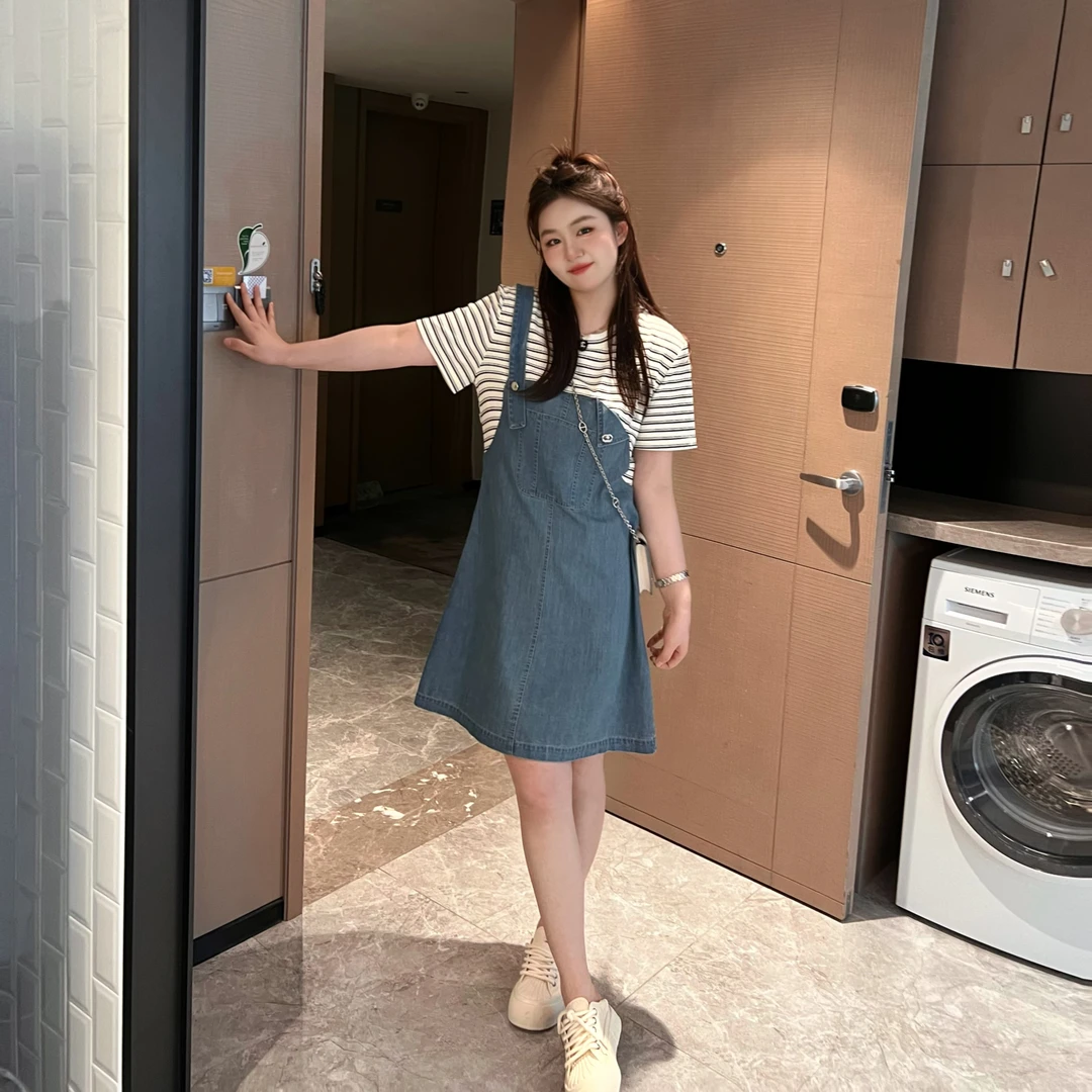楠序源子微胖女装 2025夏季显瘦假两件牛仔裙子连衣裙女YZ31503