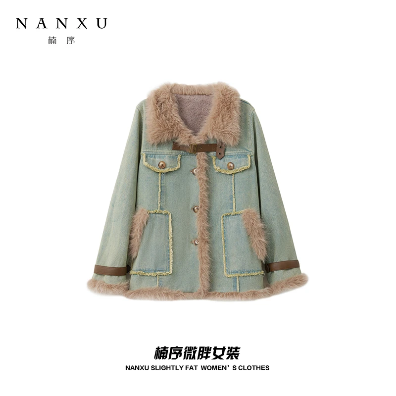楠序源子微胖女装 时尚显瘦洋气加绒保暖牛仔外套女YZ33065