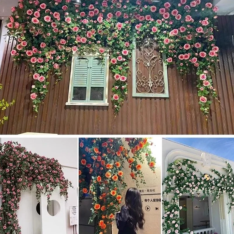 仿真高档玫瑰花藤假花藤条墙面拱门垂钓空调管道缠绕遮挡装饰藤蔓