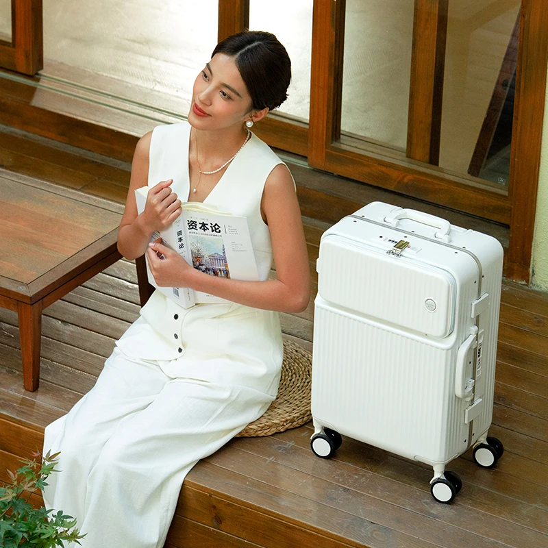 万旅前开口行李箱20登机密码箱子男女学生新款铝框拉杆箱pc旅行箱