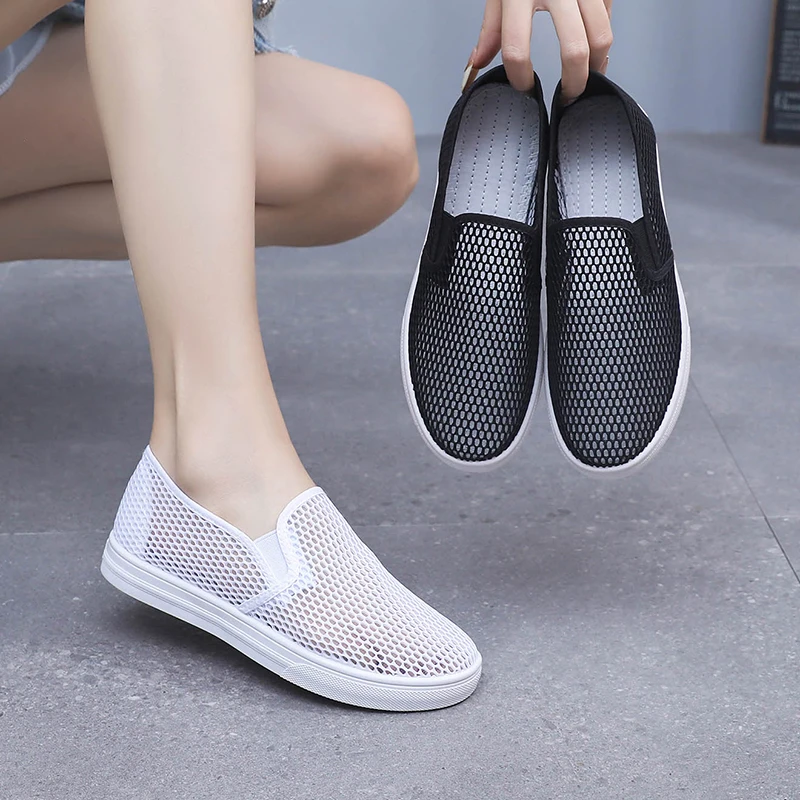 新款网鞋女平底镂空透气网面休闲鞋浅口防滑舒适百搭学生小白鞋女