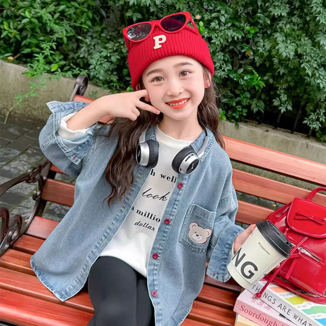 女童牛仔衬衫2025秋装新款女孩休闲时髦衬衣中大童小熊宽松外套潮
