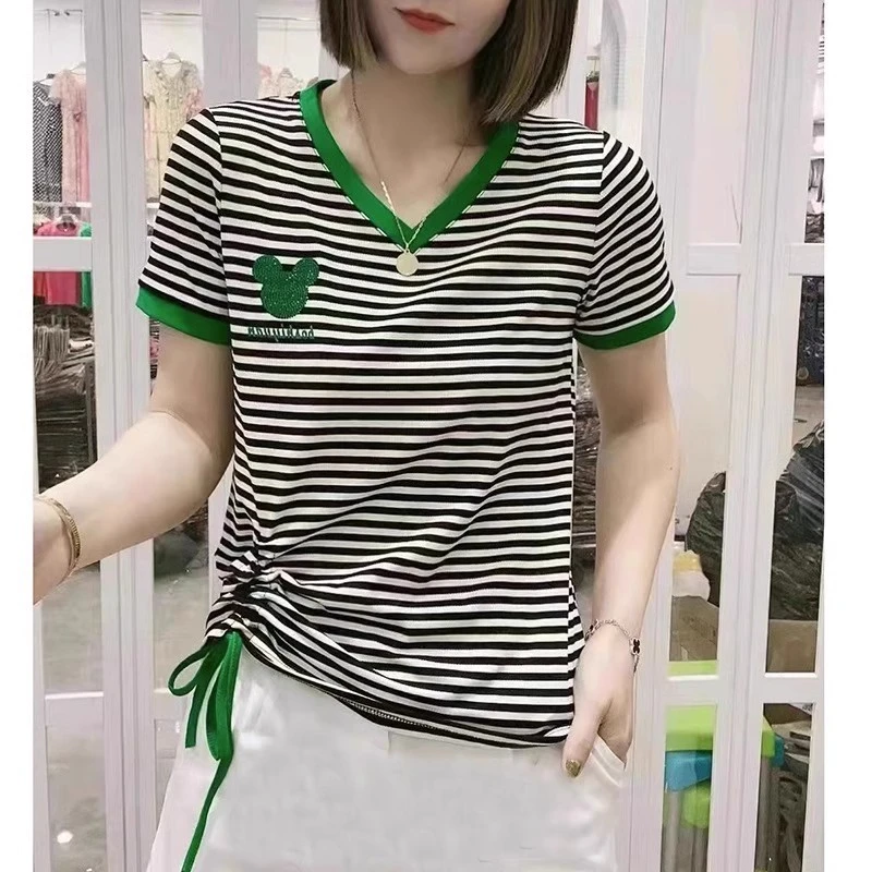 t恤女2024夏季新款时尚V领短袖洋气减龄宽松体恤显抽绳瘦条纹上衣