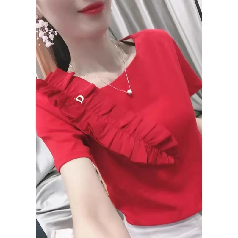 2025年夏装新款木耳边拼接斜领短袖t恤女修身显瘦设计感小众上衣