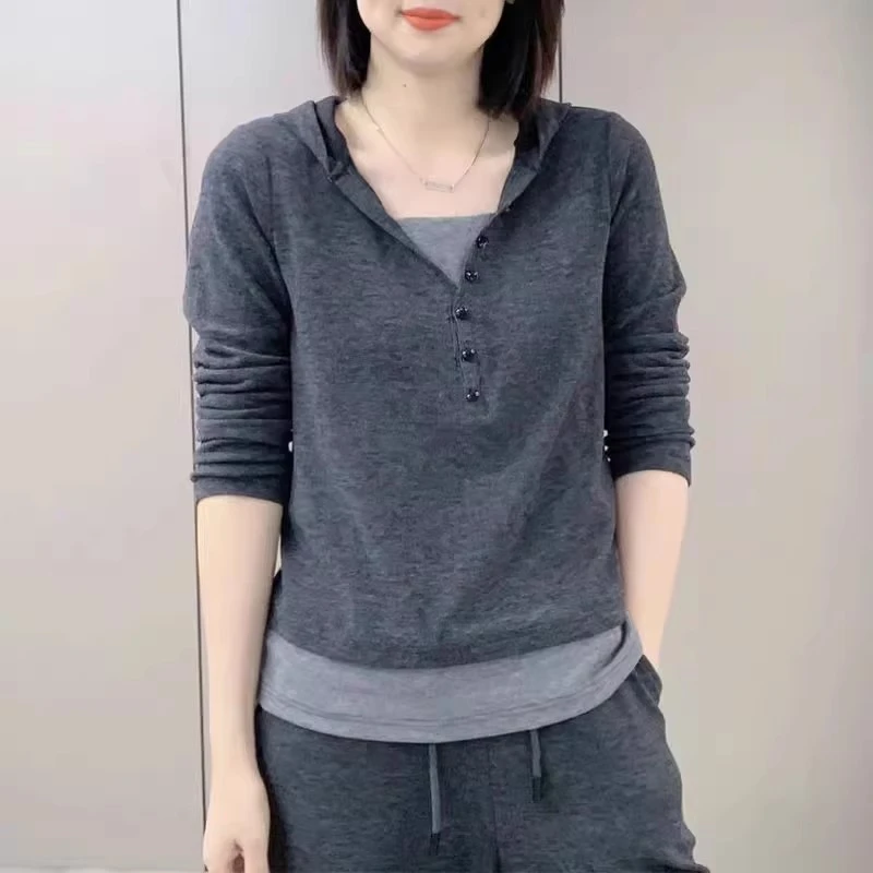 连帽卫衣女2025秋季新款韩版长袖t恤拼色拼接时尚百搭显瘦上衣潮