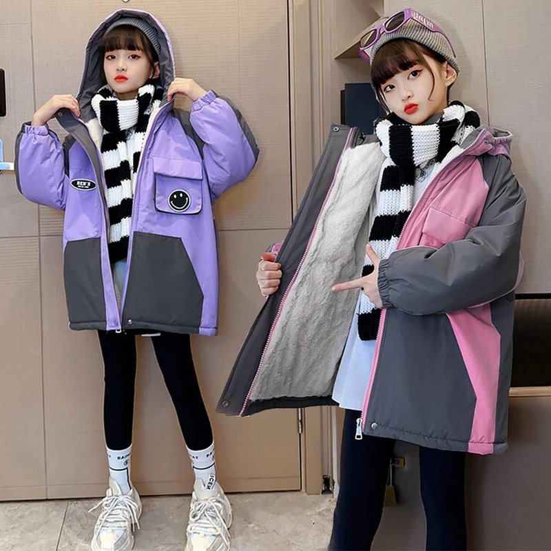 女童外套秋冬加绒8-12岁冬季棉服冬装派克服儿童装加厚大童中长款