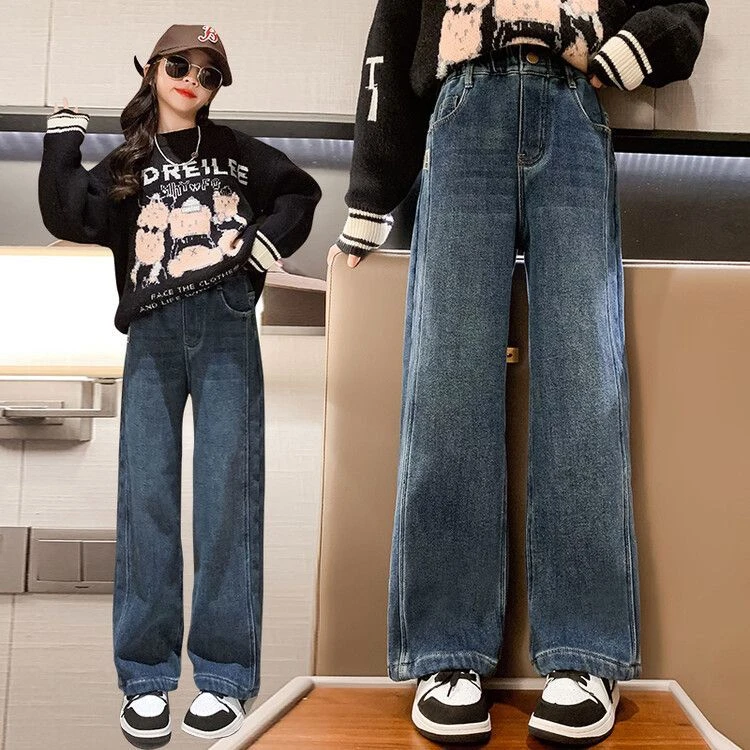 吧啦女童加绒阔腿牛仔裤2023秋冬新款中大童保暖一体绒小女孩百搭