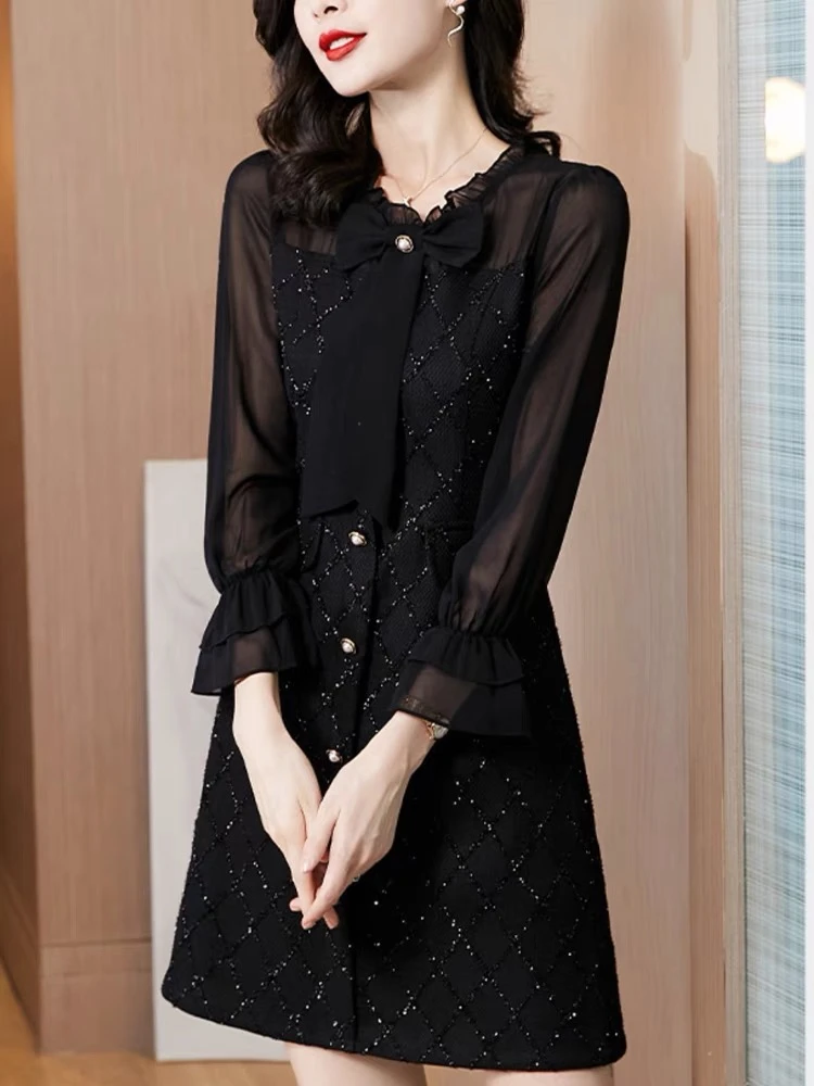 2024秋新款收腰修身显瘦雪纺长袖法式小黑裙赫本风气质连衣裙L966