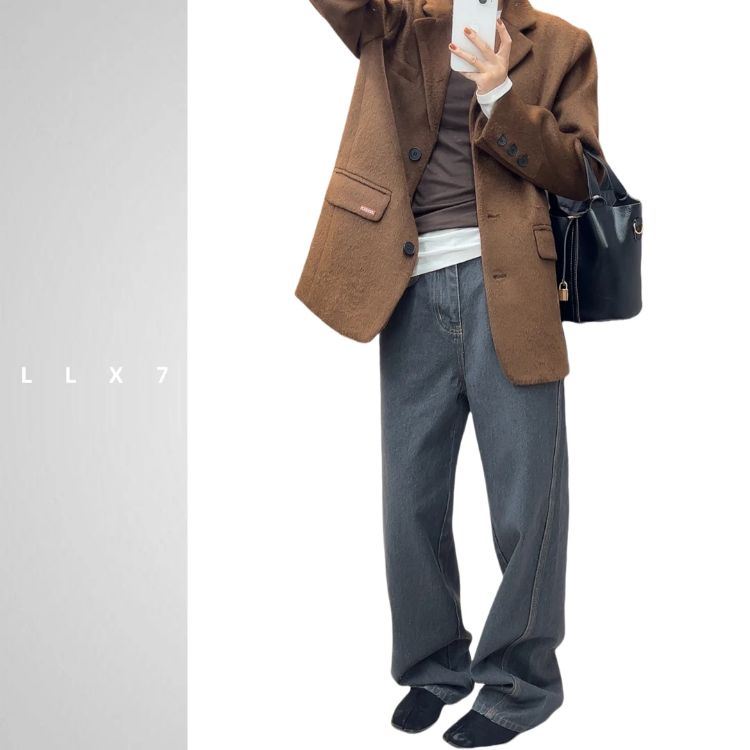 LLX2024冬季早春新款水洗青灰色直筒阔腿牛仔裤百搭休闲女士长裤