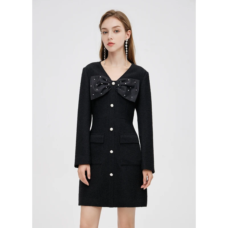 missCOCOON小香风连衣裙女V领修身小黑裙0997