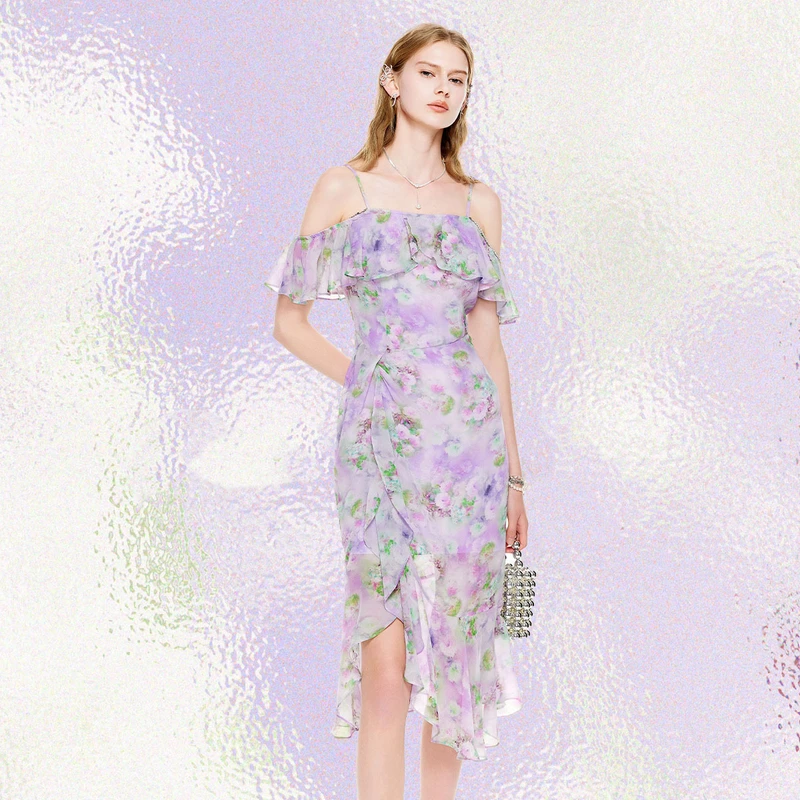 MISSCOCOON夏荷叶边一字肩吊带连衣裙0223