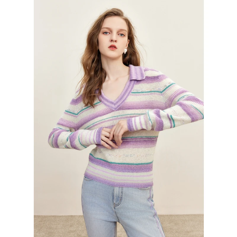 【邱莹莹粉丝专享】missCOCOON冬季新女不规则条纹毛针织衫0111