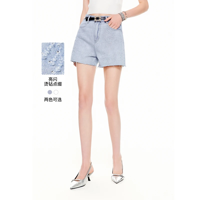 MISSCOCOON轻奢烫钻水洗毛边牛仔短裤0278