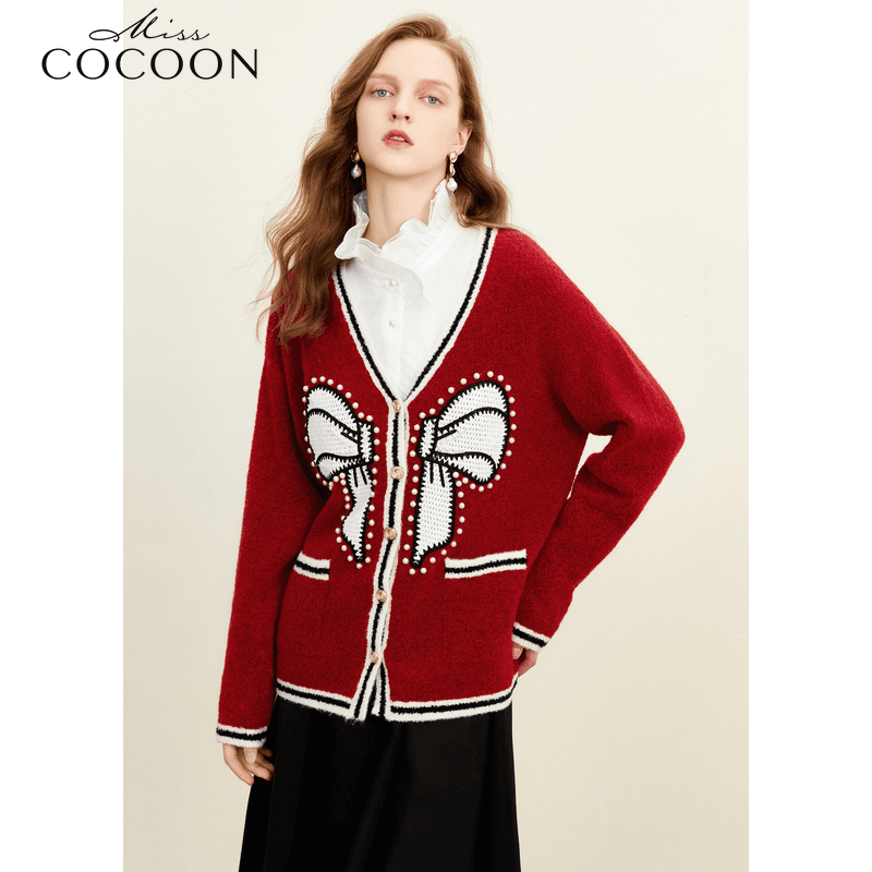【直播】missCOCOON宽松V领开致蝴蝶结复古撞色毛针织衫