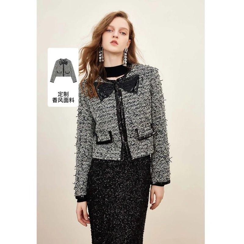 【黄蓉推荐】missCOCOON亮片织带蝴蝶结肌理感香风外套0187