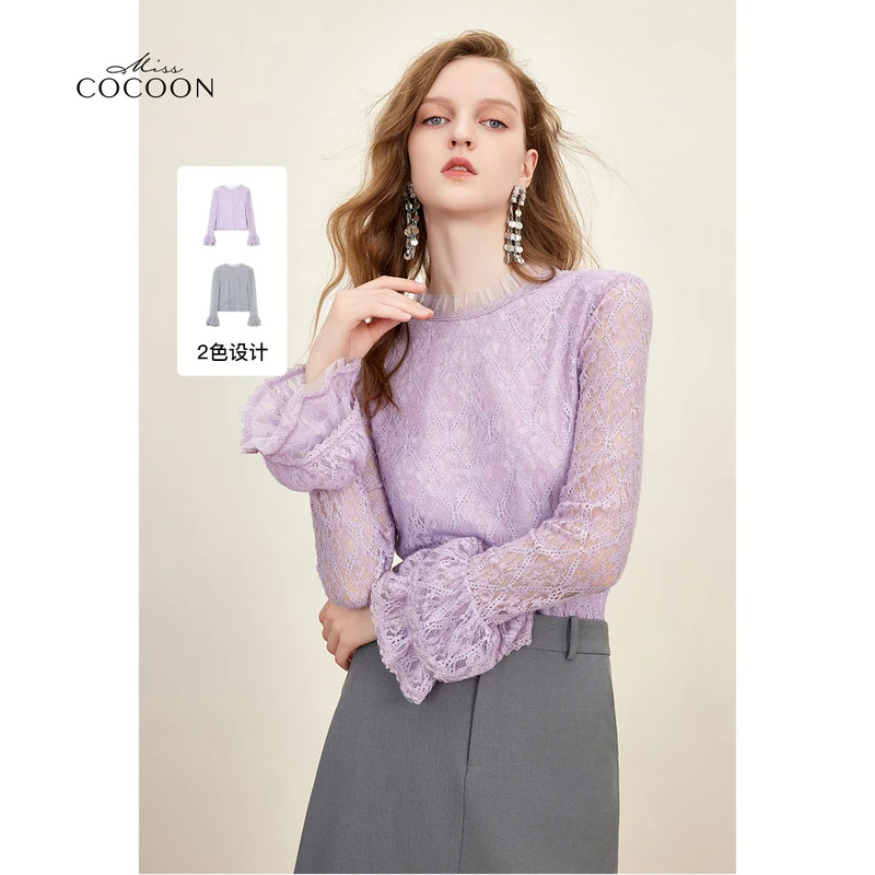 【千颂妮粉丝专享】missCOCOON浪漫蕾丝荷叶领打底衫0256