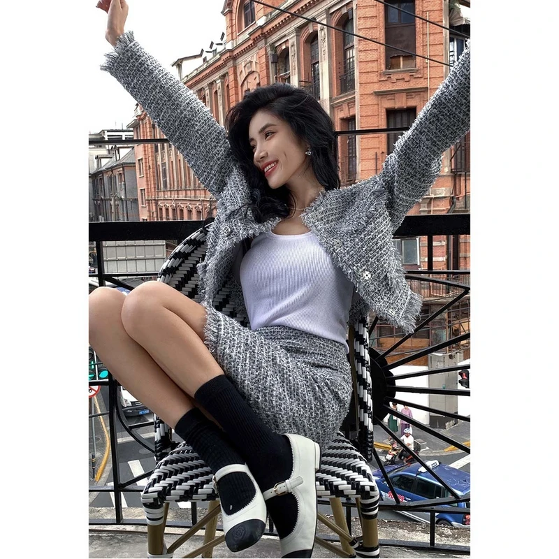 missCOCOON老钱风灰色粗花呢短外套女0203