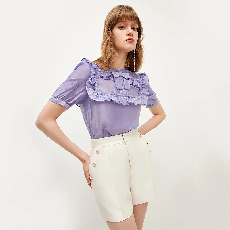 missCOCOON甜美上衣夏女设计感水军领短袖雪纺衫