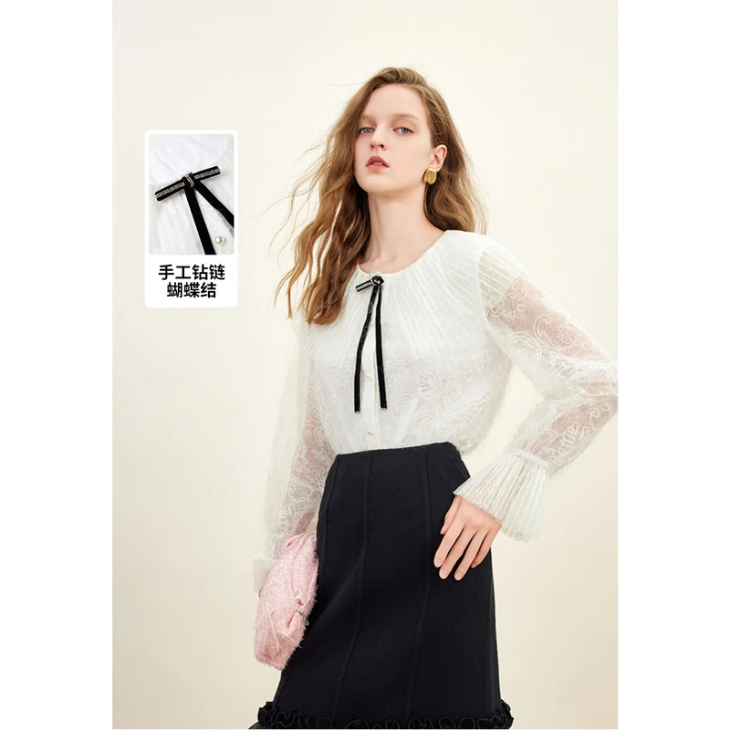 missCOCOON绒感刺绣荷叶边网纱衬衫0369