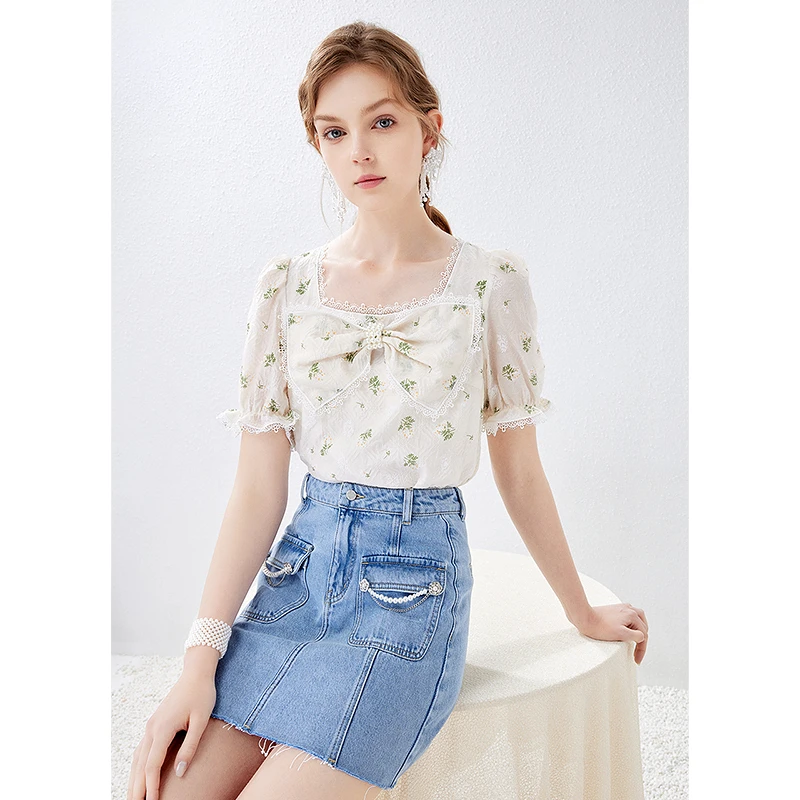 【高高甄选】missCOCOON蝴蝶结装提花方领设计感小众雪纺衫6522