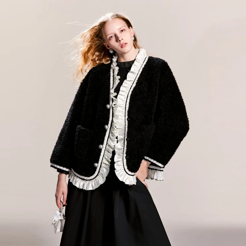 missCOCOON绵羊毛蝴蝶结大衣黑色外套0185