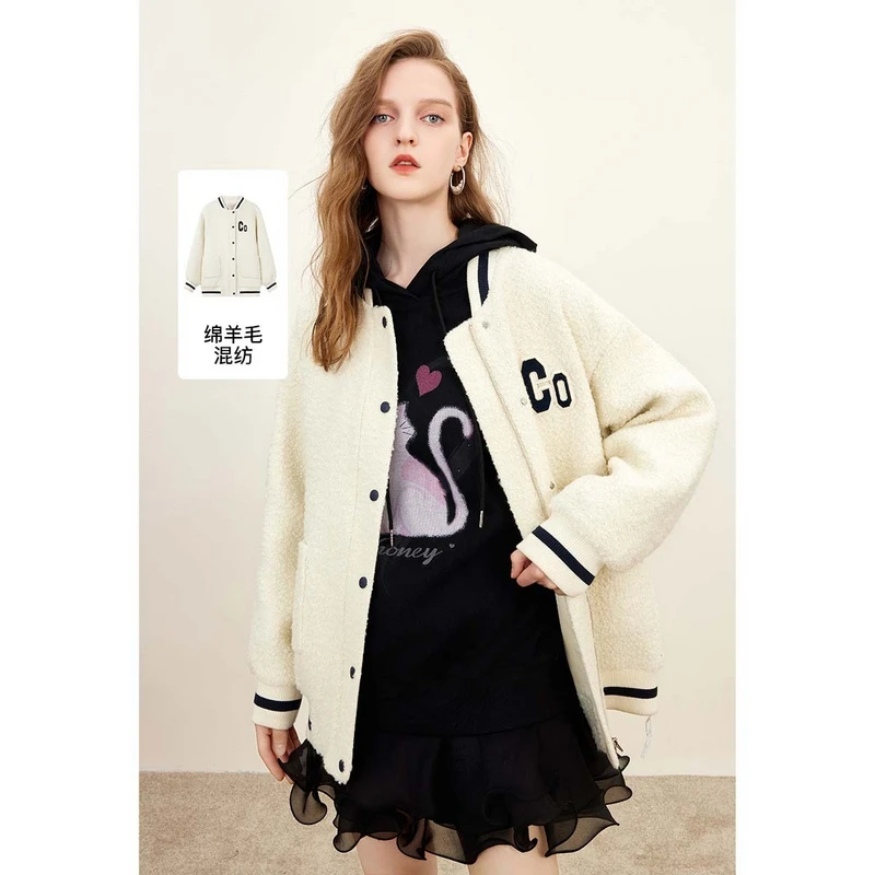 missCOCOON撞色建条棒球领冬装毛呢外套0179